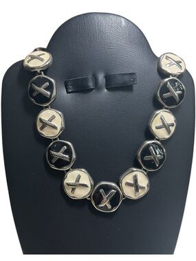 Modernist Black & Ivory Enamel Disc Statement Necklace Bold Artisan Silver-Tone